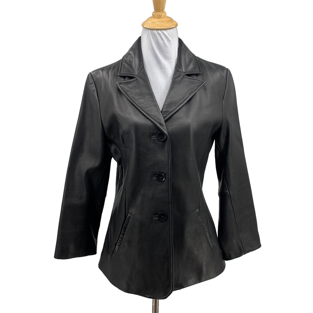 Wilsons Leather Blazer Womens S Small Black Pelle Studio Notch Tailored Fit